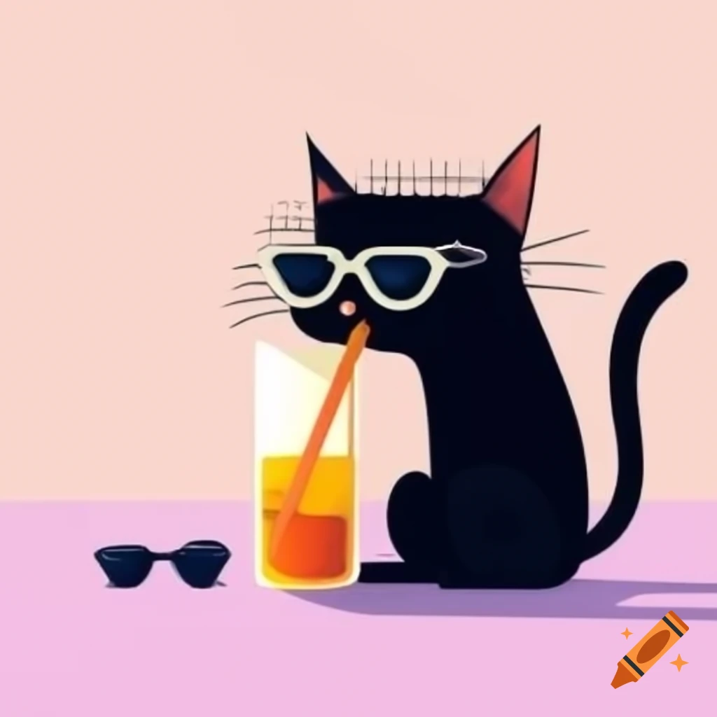 Cartoon black cat wearing sunglasses and drinking a beverage