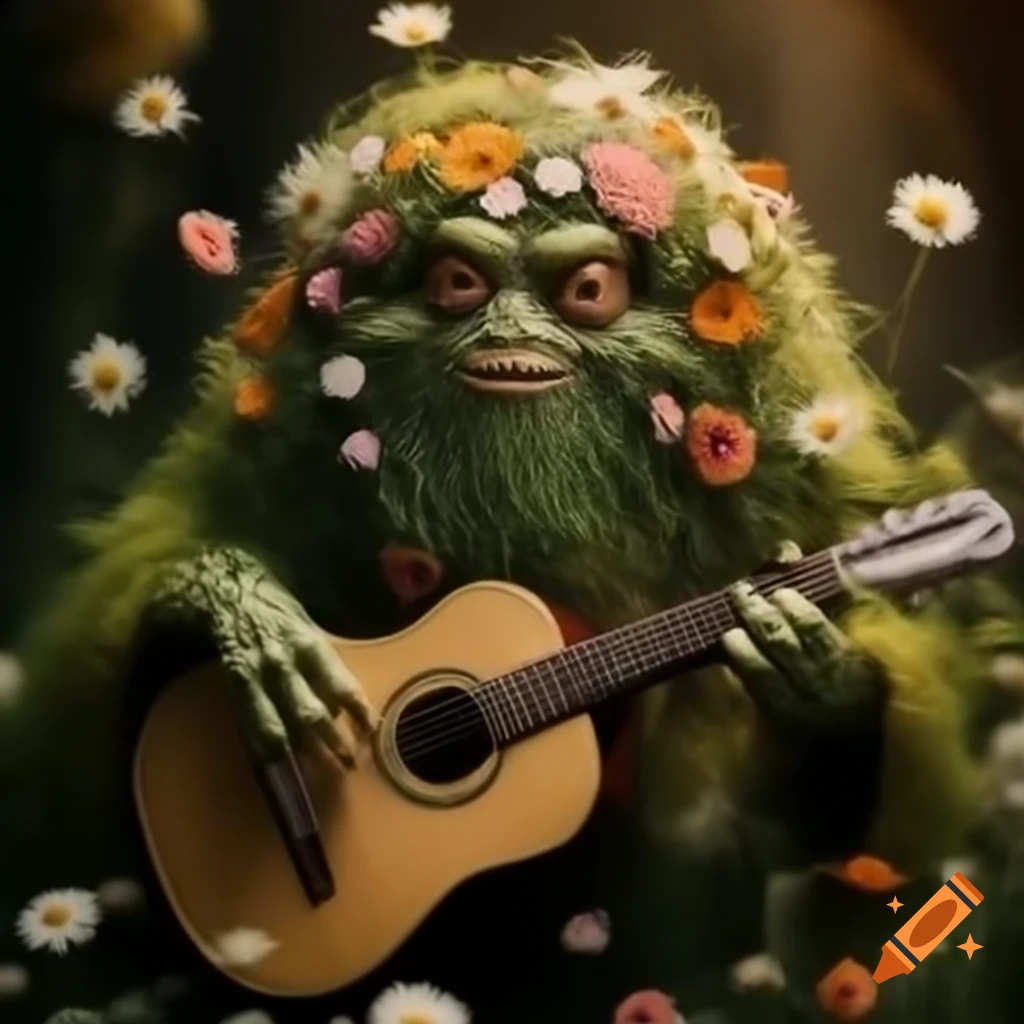 Wildflower monster playing acoustic guitar in hobbit hovel, highly detailed