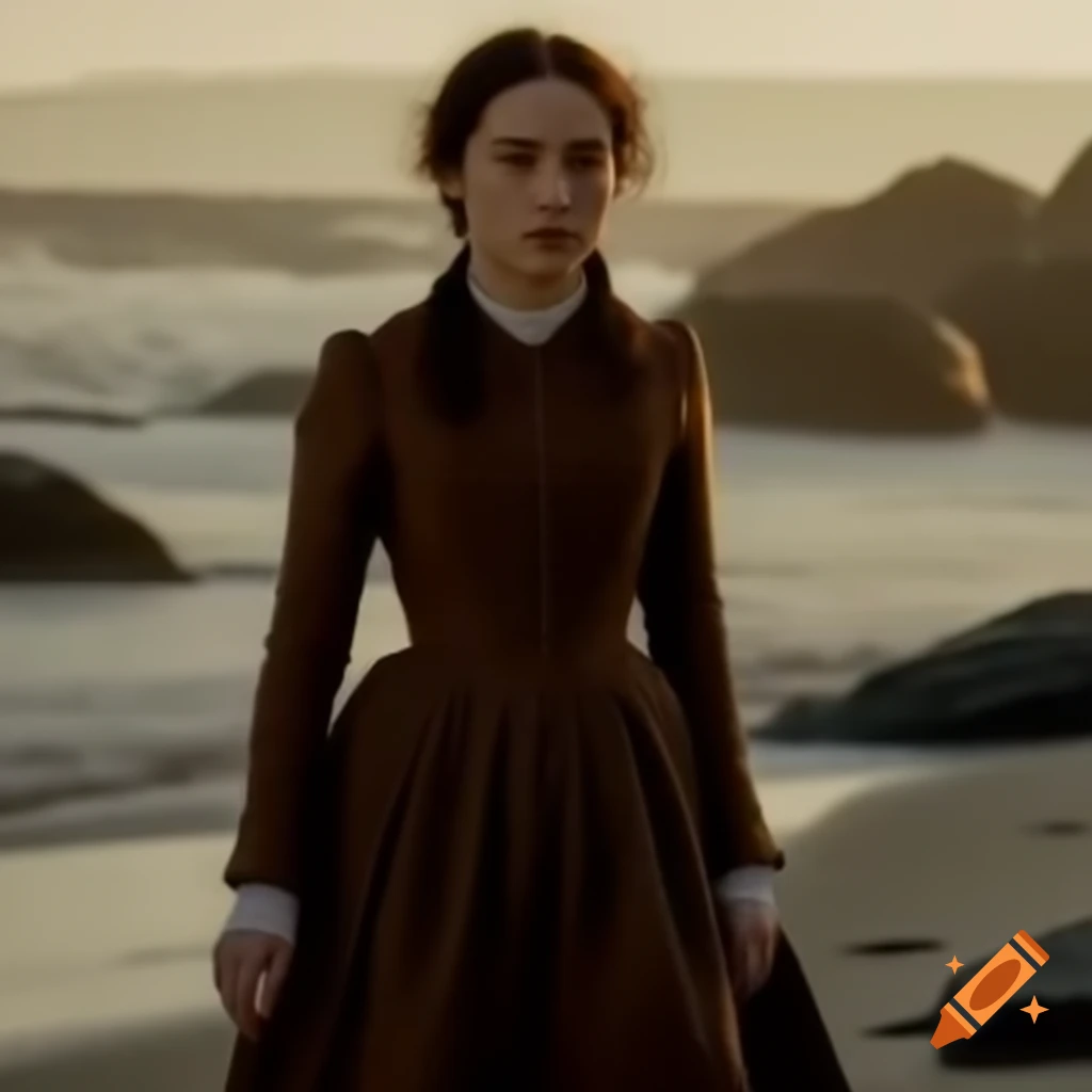Young woman in brown Victorian dress walking on rocky beach during golden hour