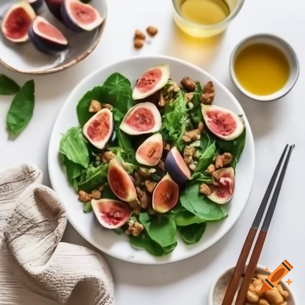 Plate of spinach salad with fresh figs, walnuts, mustard vinaigrette, and maple syrup