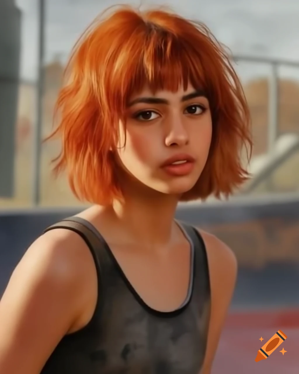 Hyper-realistic portrait of female skater with ginger hair in tank top at skate park