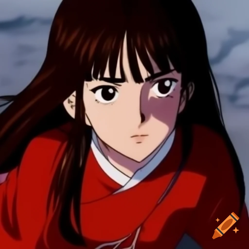 Female warrior with scythe in red attire and long dark brown hair