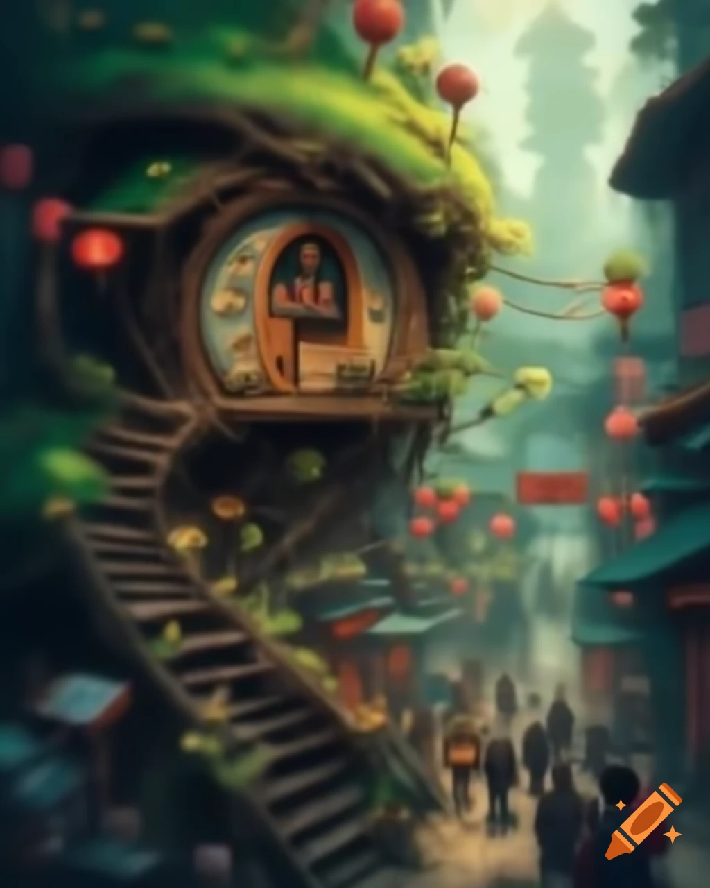 Whimsical hobbit dwelling in Chinatown under blossoming boughs