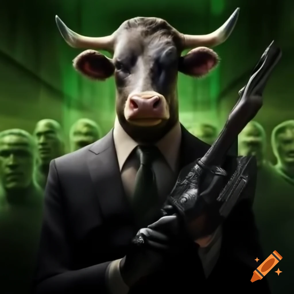 Stylized cow in suit with gun inspired by The Matrix
