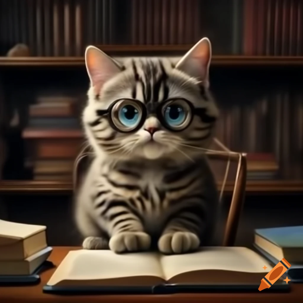 Gray cat with glasses sitting on chair in cozy library, next to open book