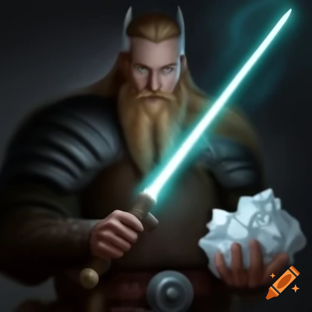 Viking warrior holding lightsaber and box of tissues