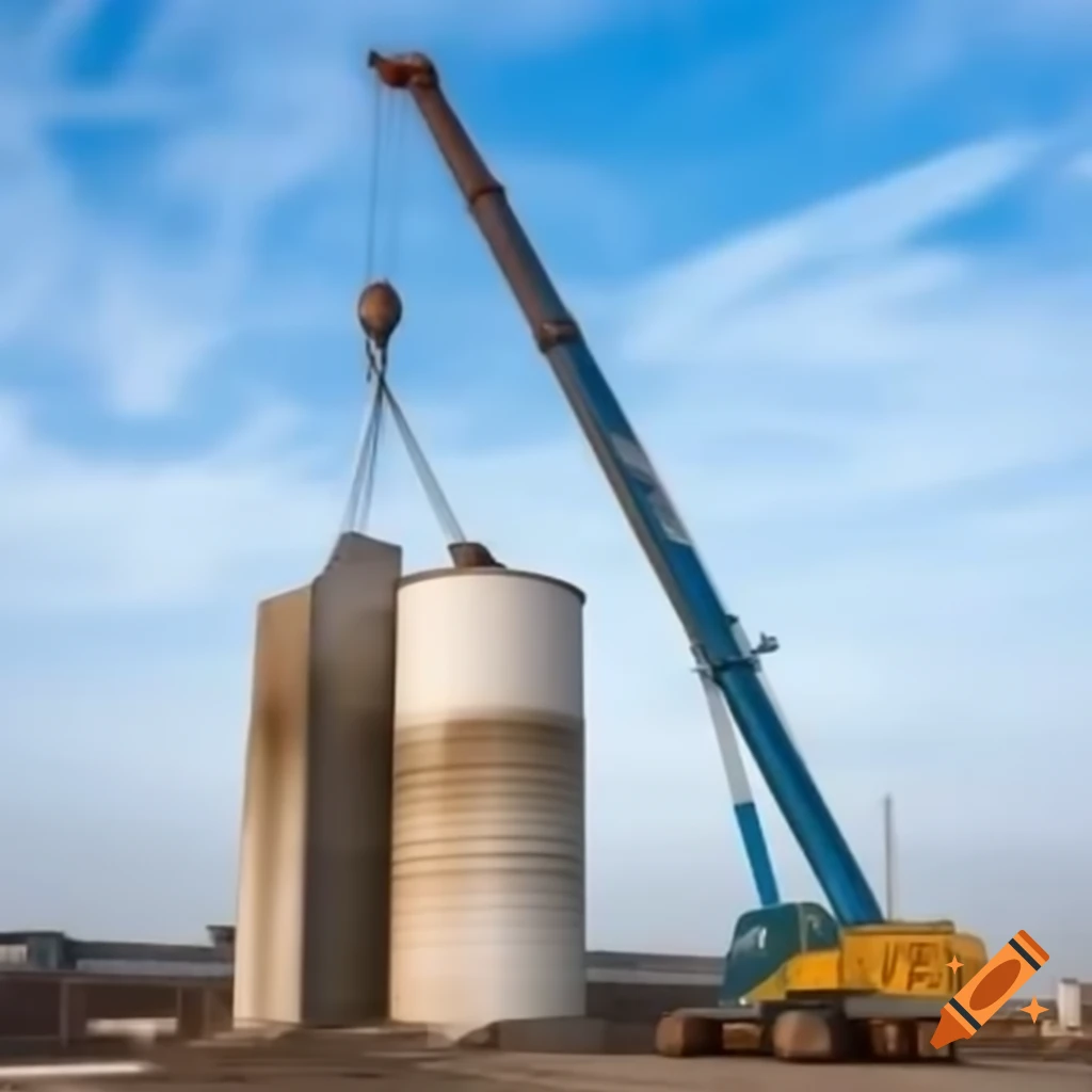 Crane lifting cement silo in plant during dismantling process