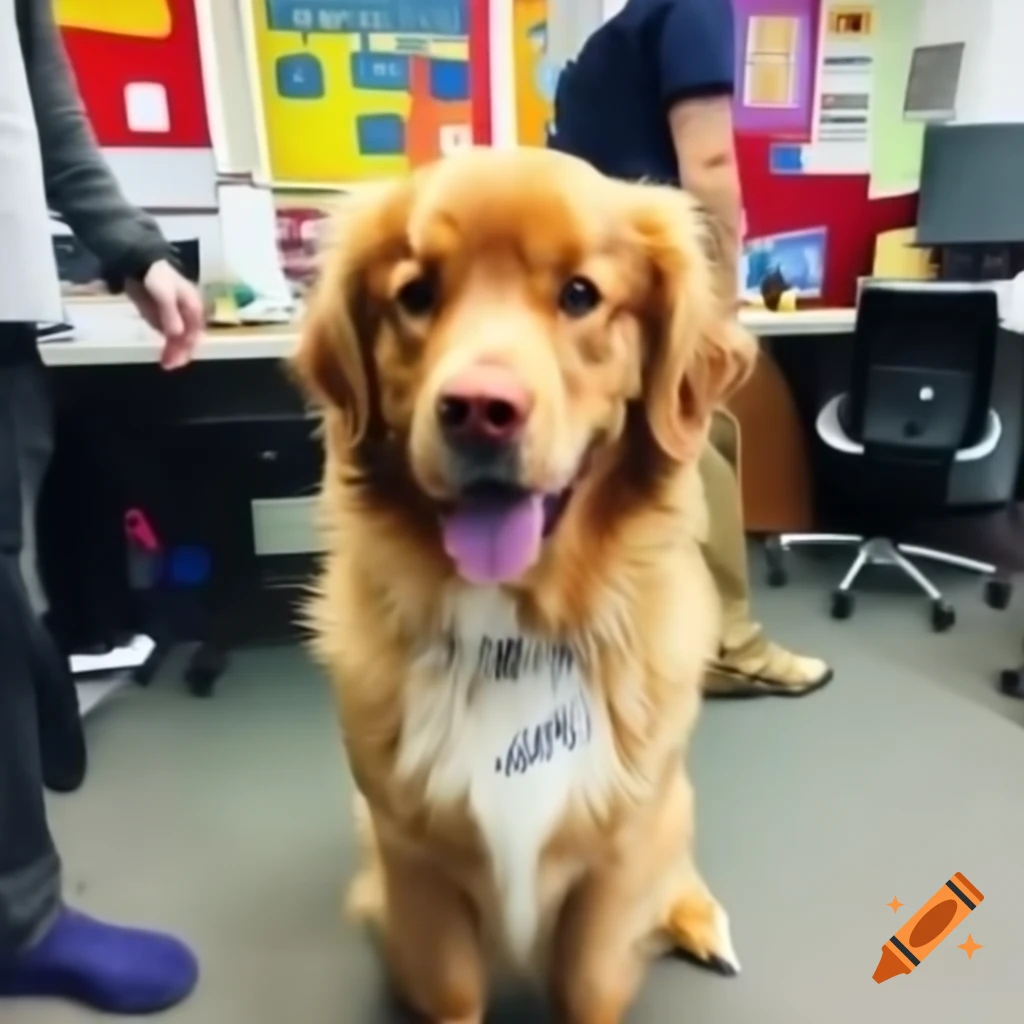 Fluffy Nova Scotia Duck Tolling Retriever trotting with owner in colorful office