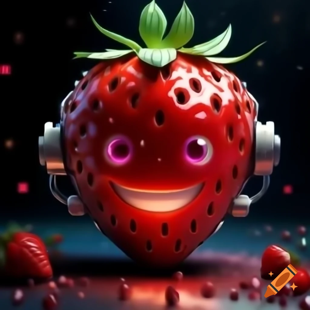 Plump smiling strawberry with glowing crimson skin and glittering side
