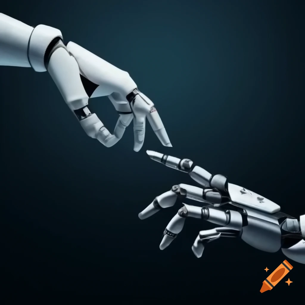 Human and robot hand touching in a moment of connection