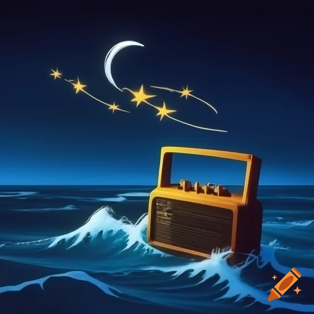 Retro scene depicting a night flight on radio waves
