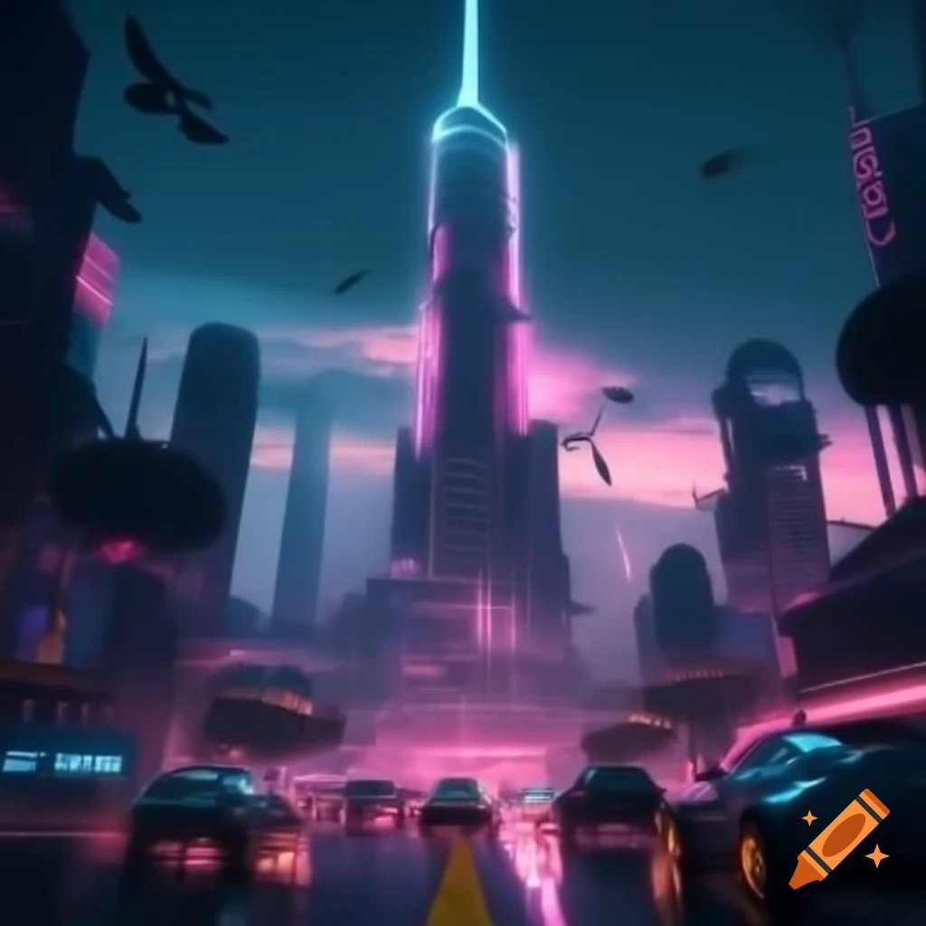 Futuristic city with neon skyscrapers and flying cars