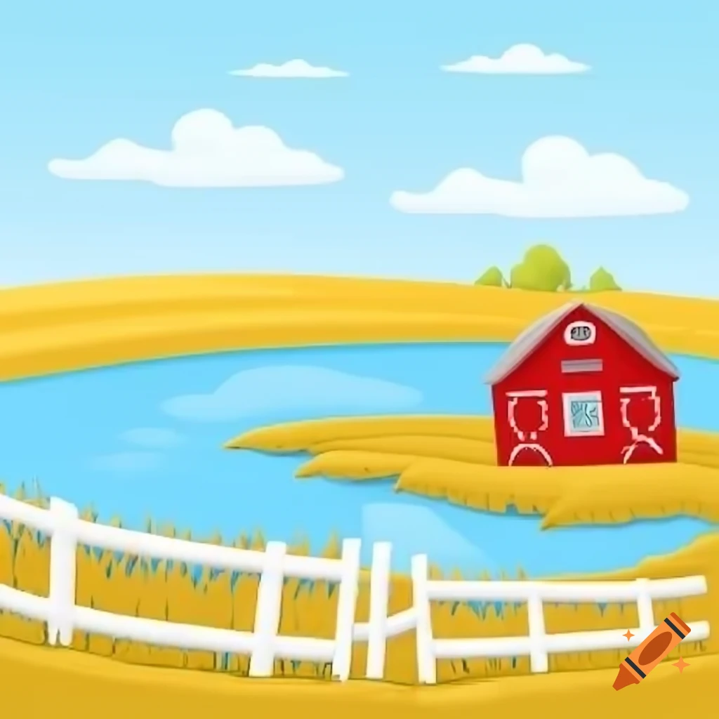 Flat style cartoon farm with red barn, lake, white fence, and wheat field