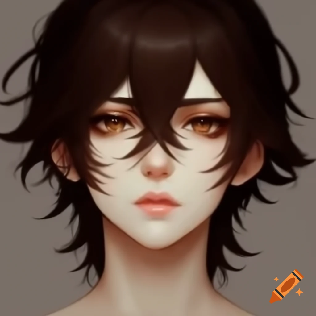 Anime-style femboy character with dark brown hair and tan complexion