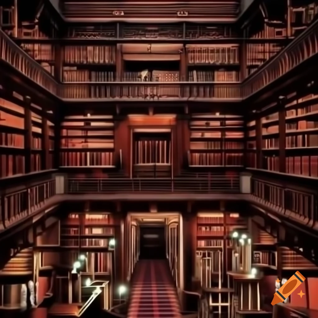 Impressionist painting of elegant bookshelves in a grand library