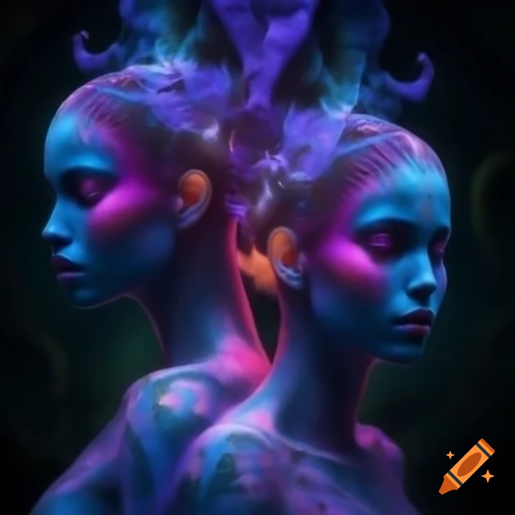 Psychedelic couple in colorful mandala and fractal clothing, spiritual theme