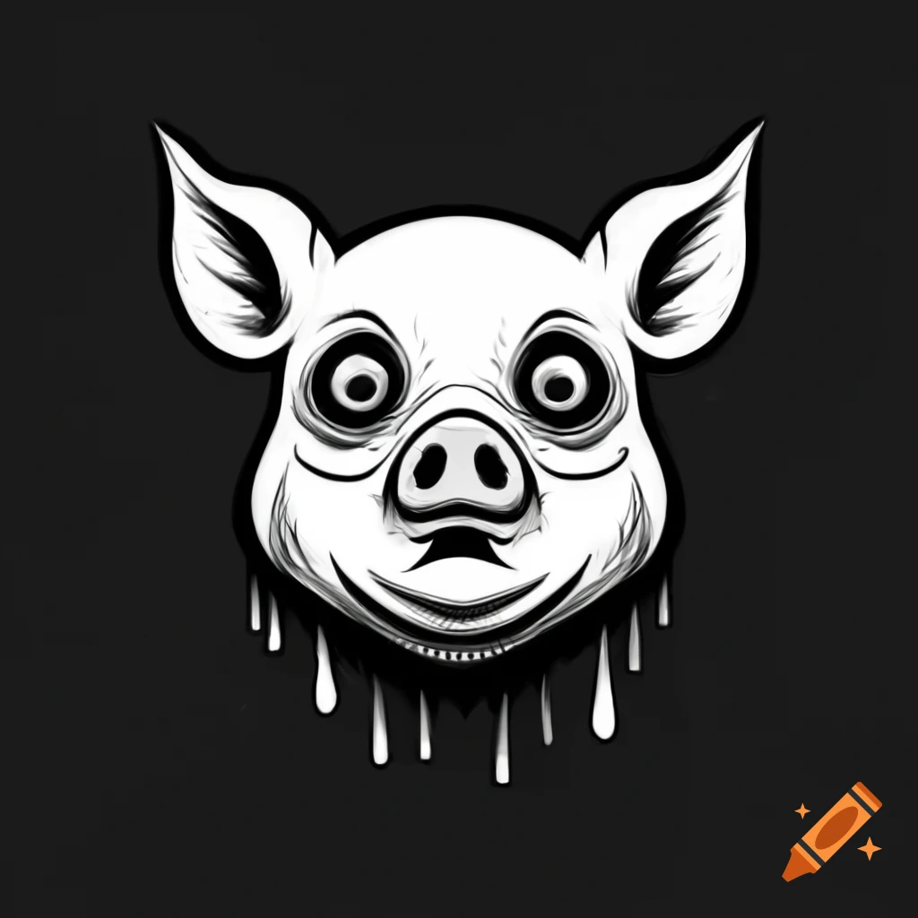 Illustration of a smiling pig with sad eyes, stipple drawing in black and white