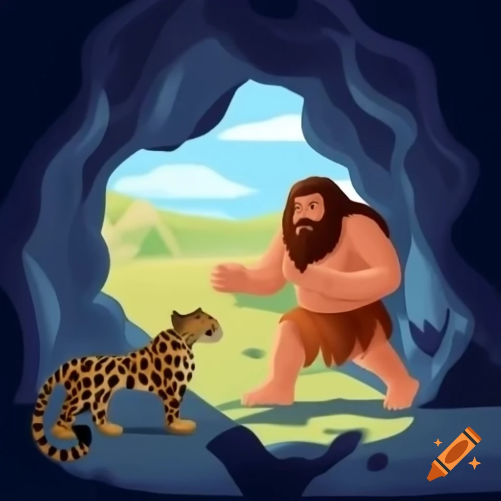 Caveman fighting leopard inside a cave