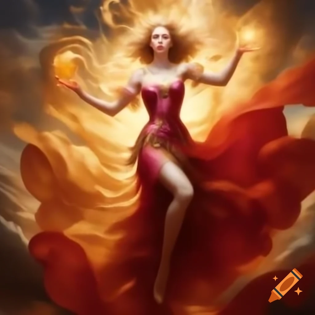 Woman in pink and gold with red scarf in magical landscape
