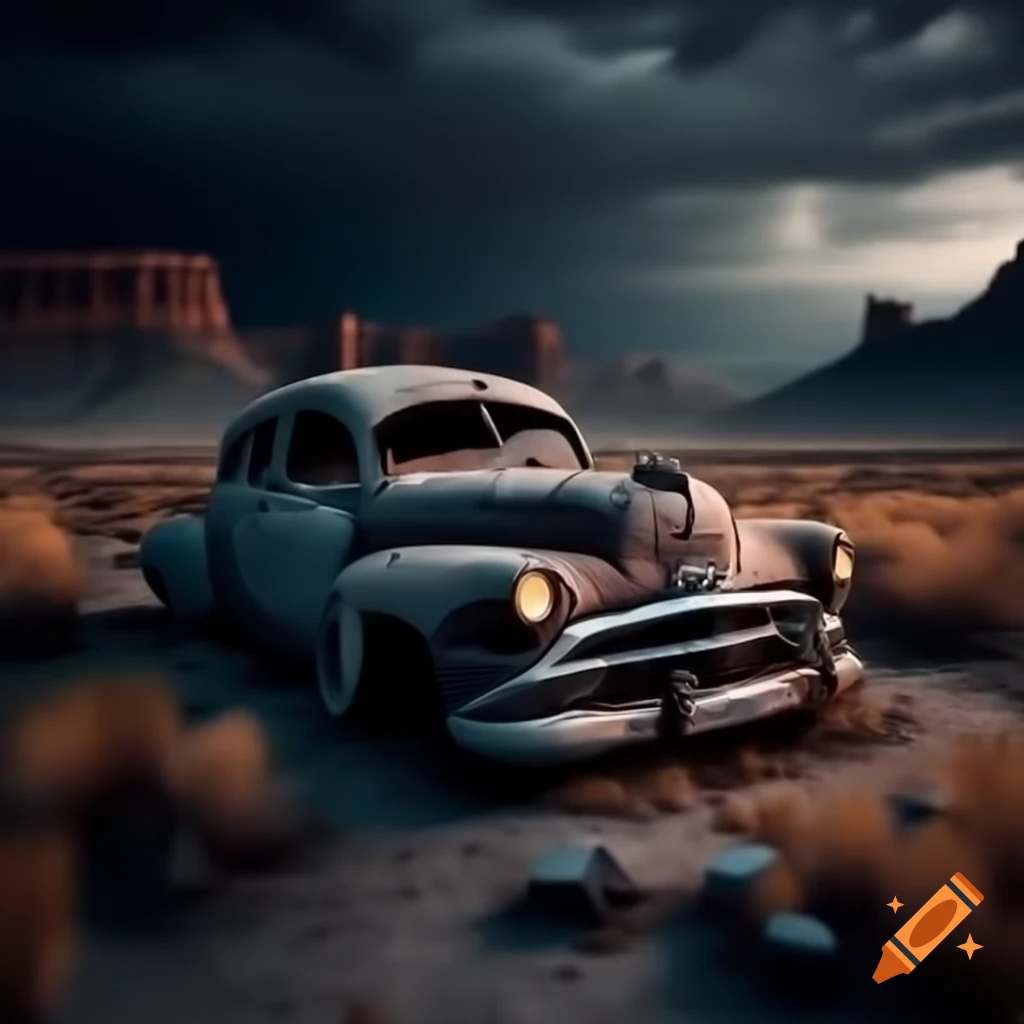 Haunted abandoned car junkyard in remote wilderness at night