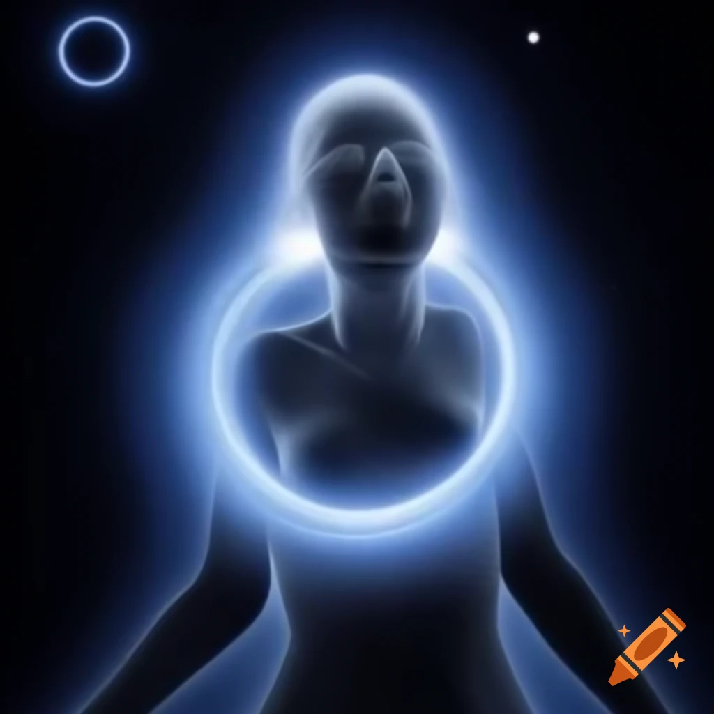 Human woman with aura and spiral loop background featuring a small universe on forehead