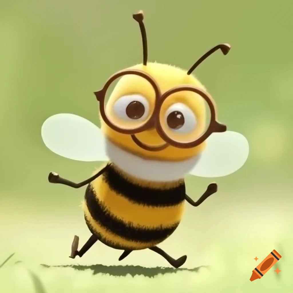 Cartoon bee in tweed pants and sweater with bowtie and glasses