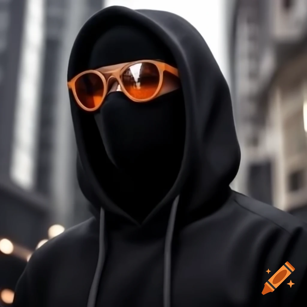 Stylish person wearing black hoodie, face mask, and orange sunglasses