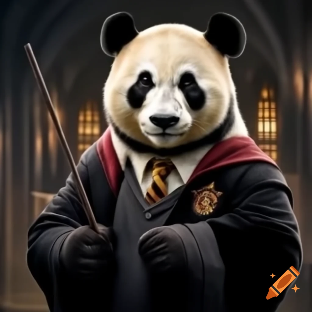 Panda dressed as student with wand, inspired by Hogwarts
