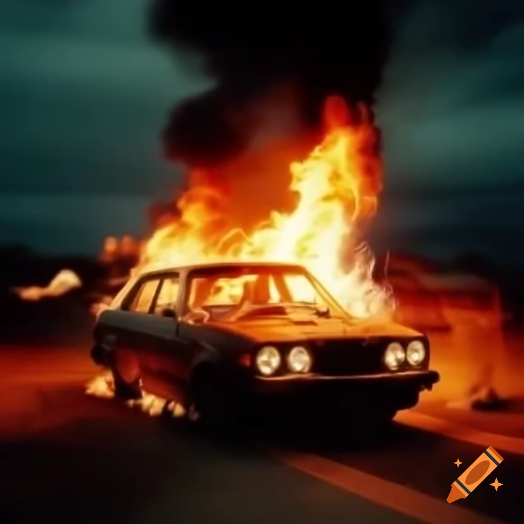 Grunge photo of burning car with flames at night under cloudy sky