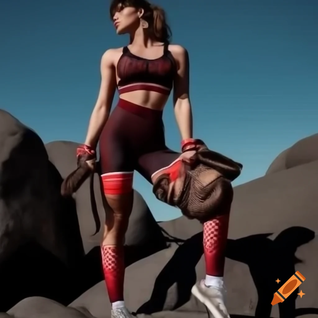 High fashion woman in powerlifting outfit inspired by rocks