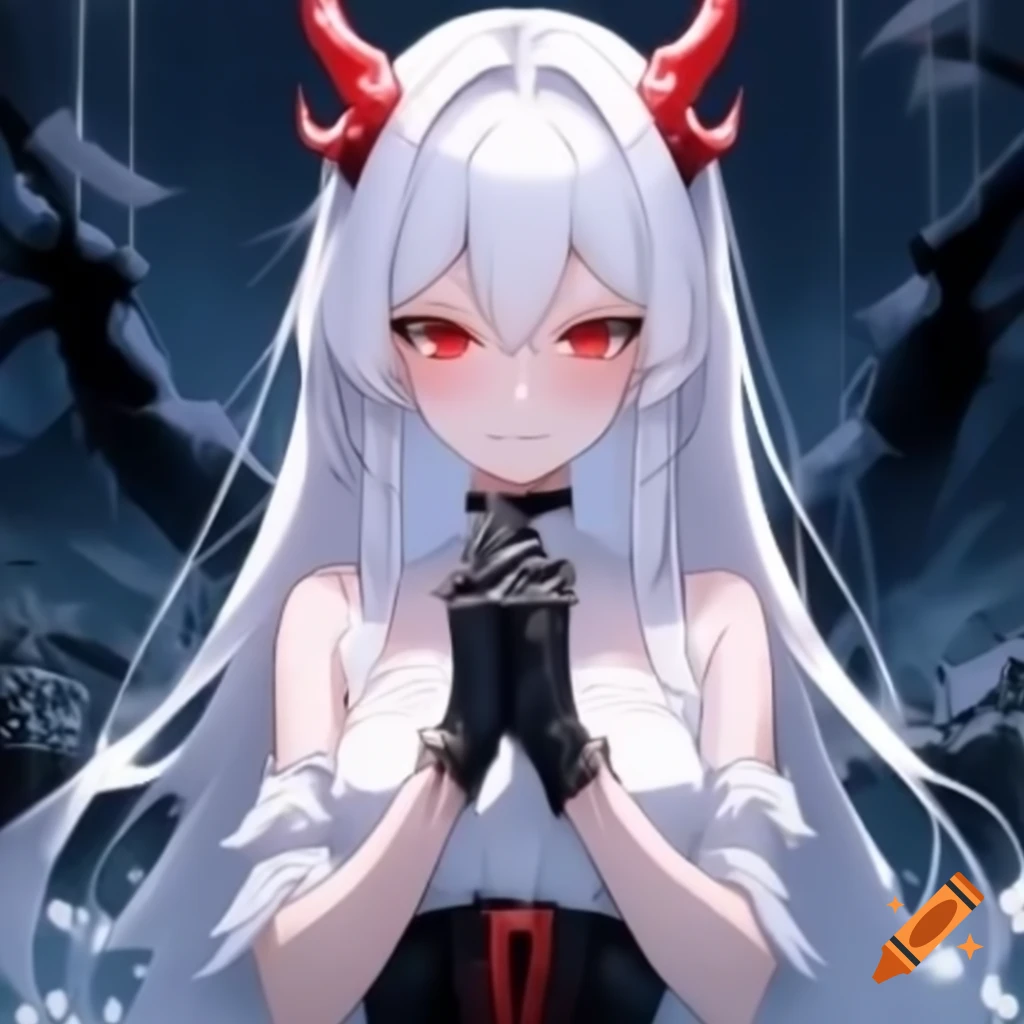 Anime woman with white hair and red eyes in demon-themed outfit, underworld landscape
