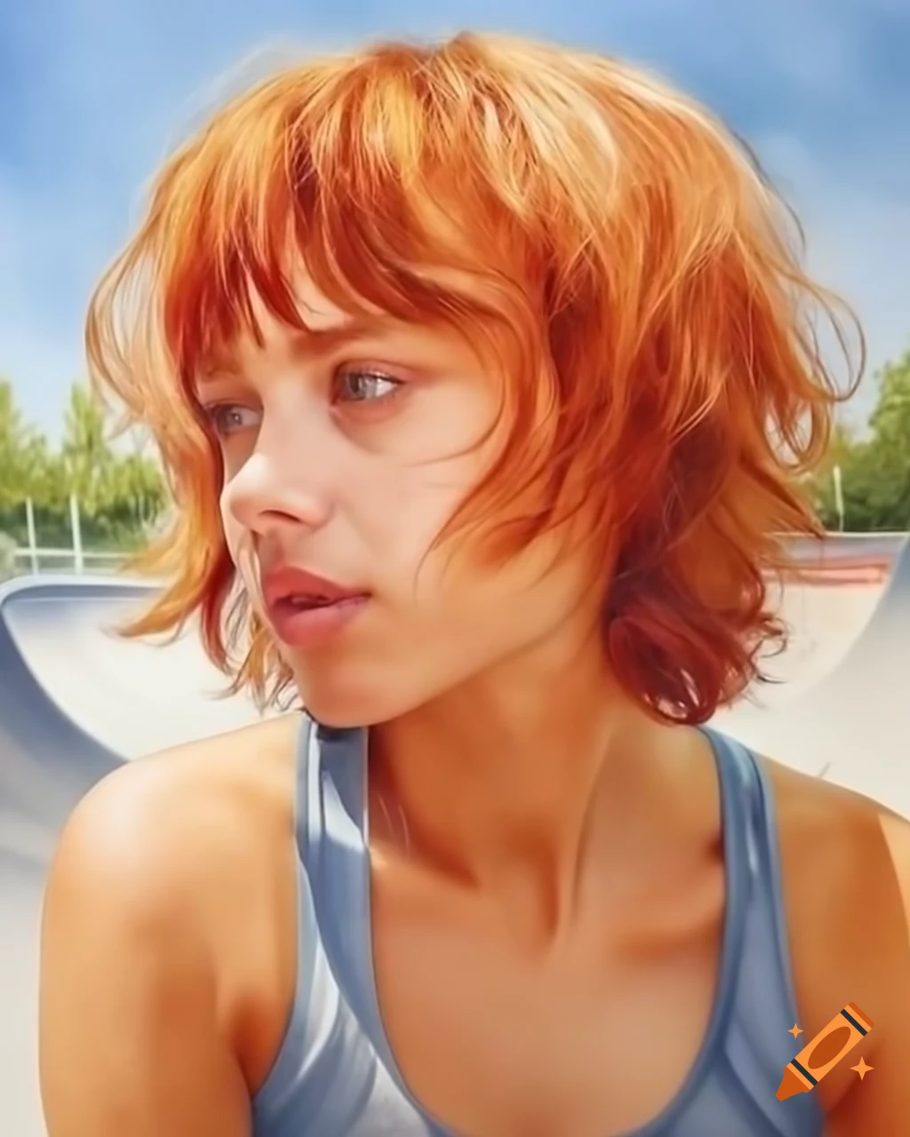 Yandere French female skater with ginger hair in tank top at skate park, ink and watercolor style