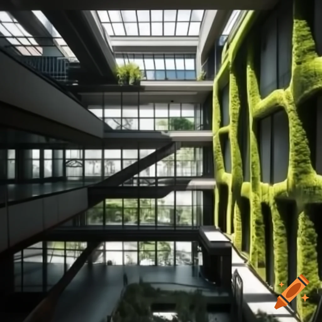 Brutalist office space with natural light and glass panels adorned with vines