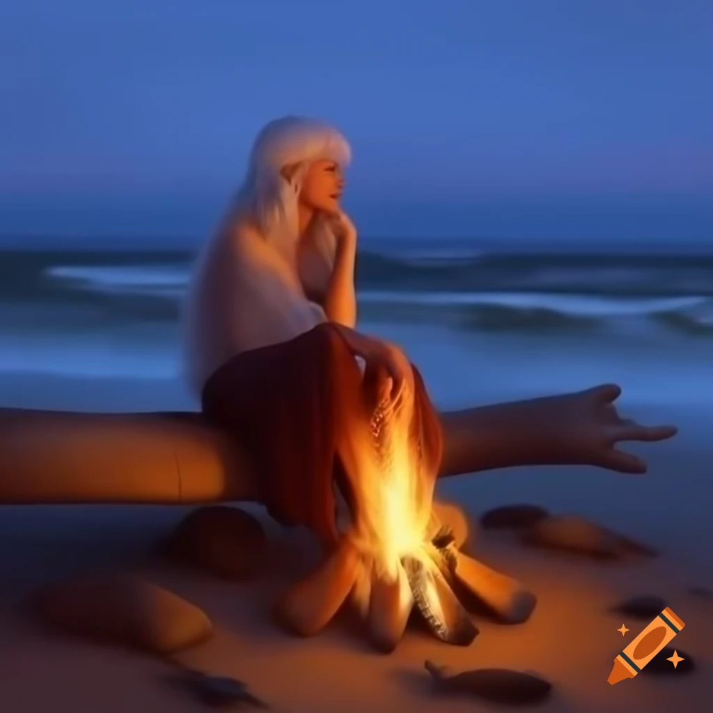 Silver-haired woman with bohemian waves sitting beside campfire on beach at twilight