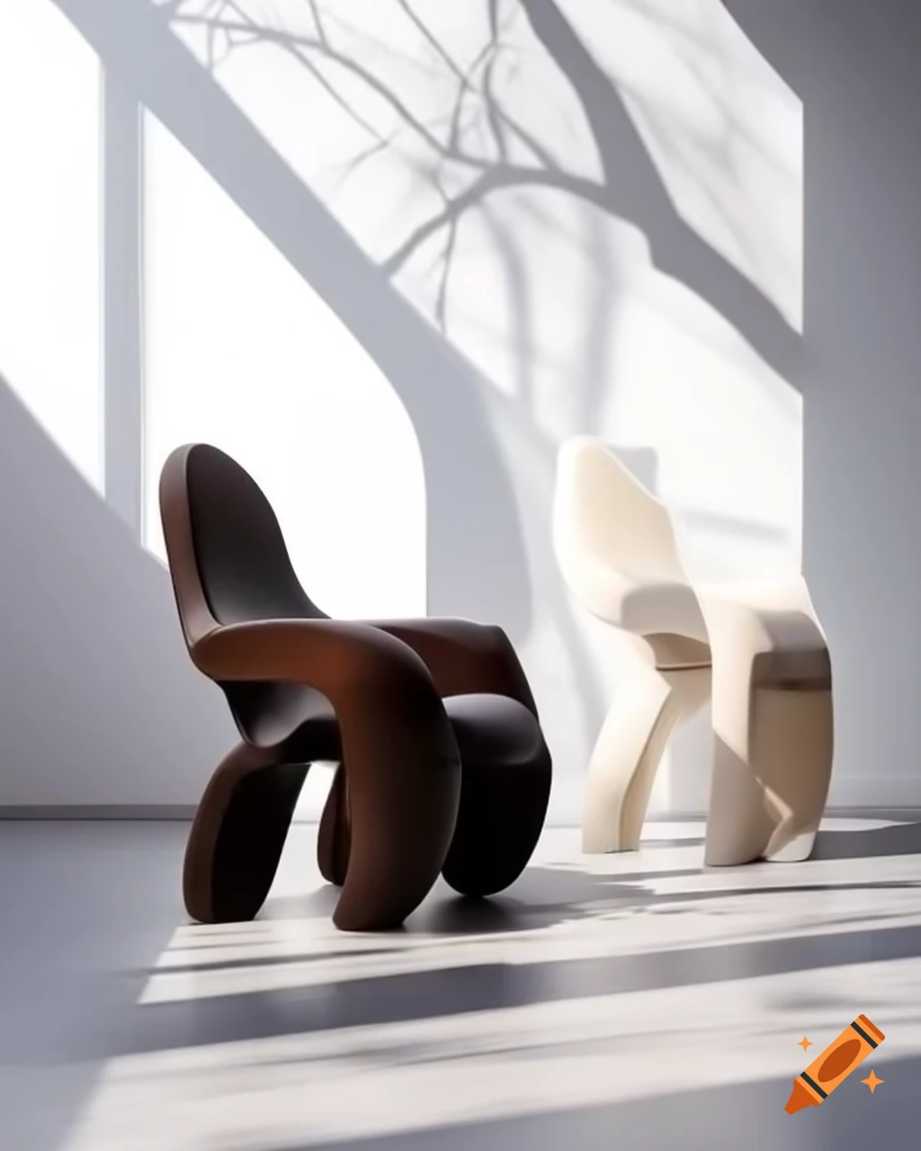 Whimsical dark wood chair illuminated in white room, surreal abstract design
