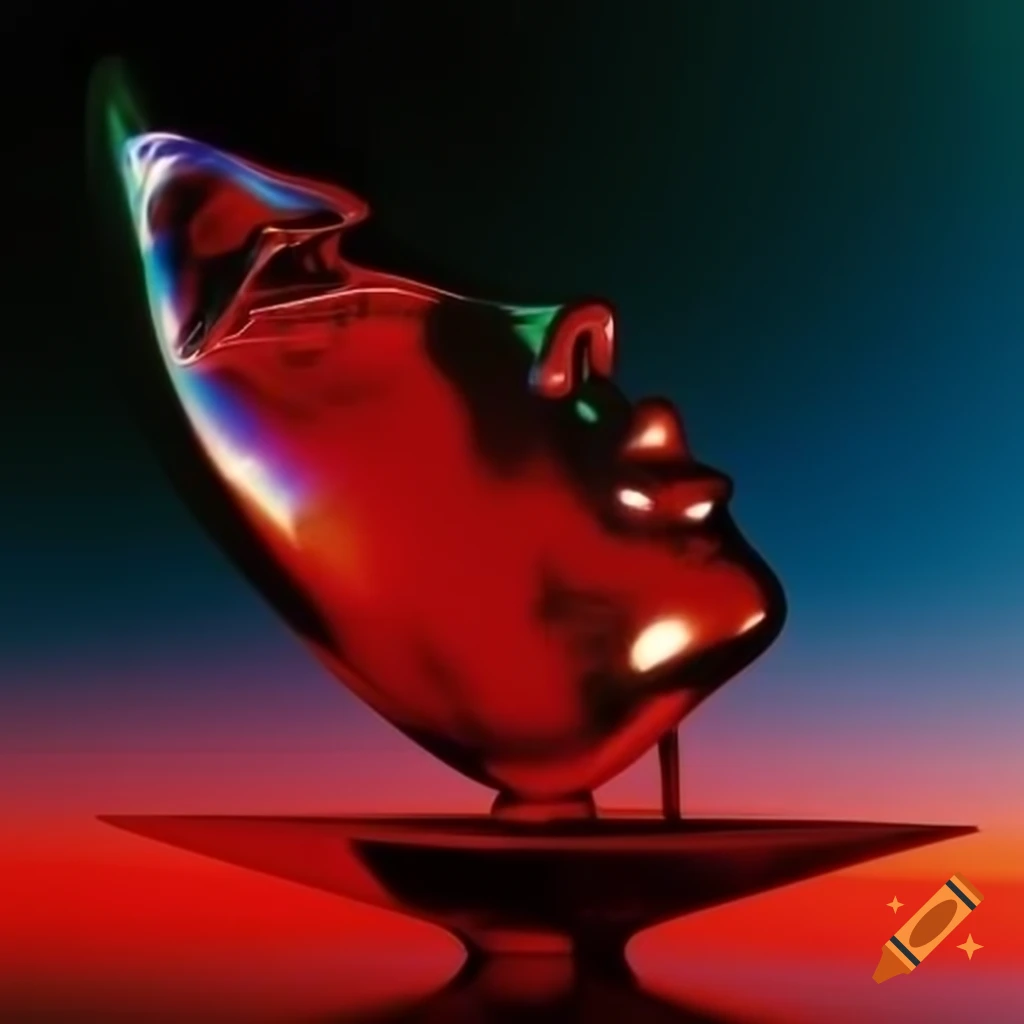 Pop surreal photography featuring iridescent red glass statue