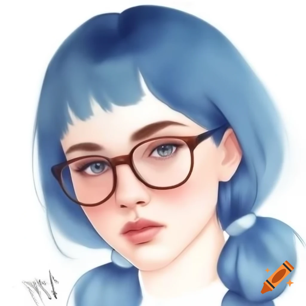 Caucasian woman with Hime hairstyle and blue hair wearing glasses