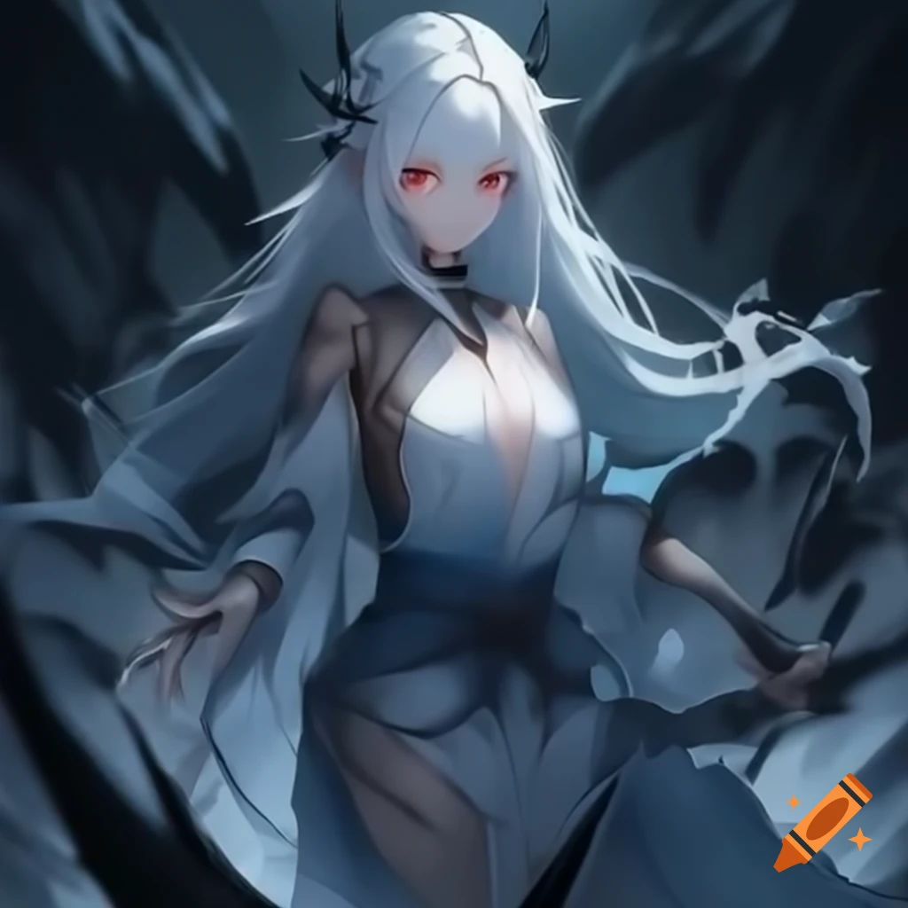 Anime woman with icy-white hair and red eyes in underworld landscape