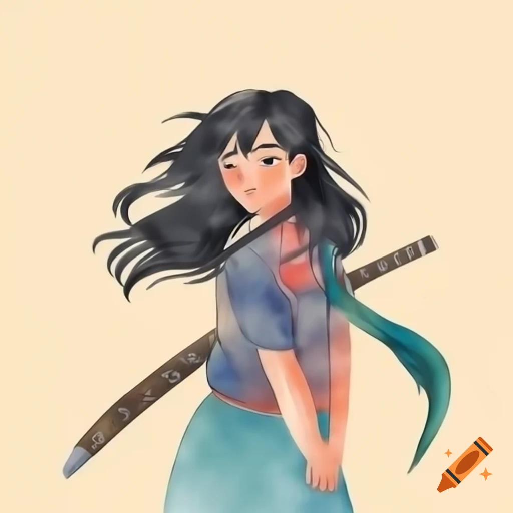 Young woman with long black hair holding sword in 1980s retro anime style