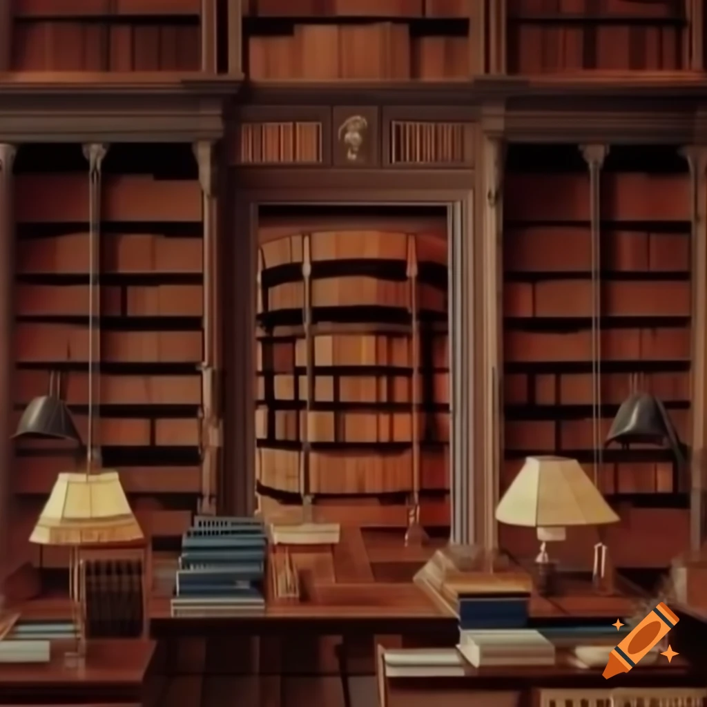 Impressionist painting of elegant library bookshelves