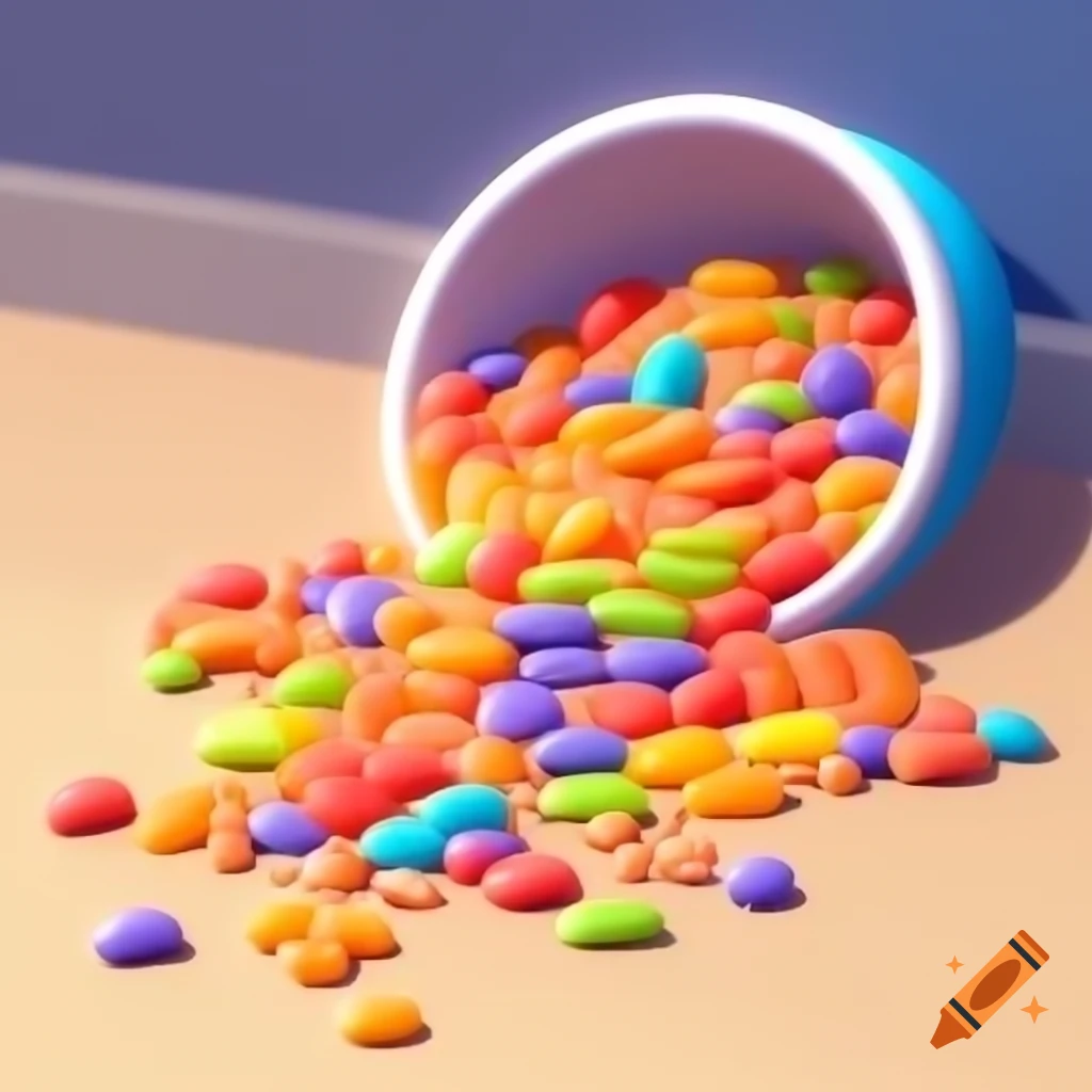 Cartoon empty bowl of colorful cereal spilled on the floor