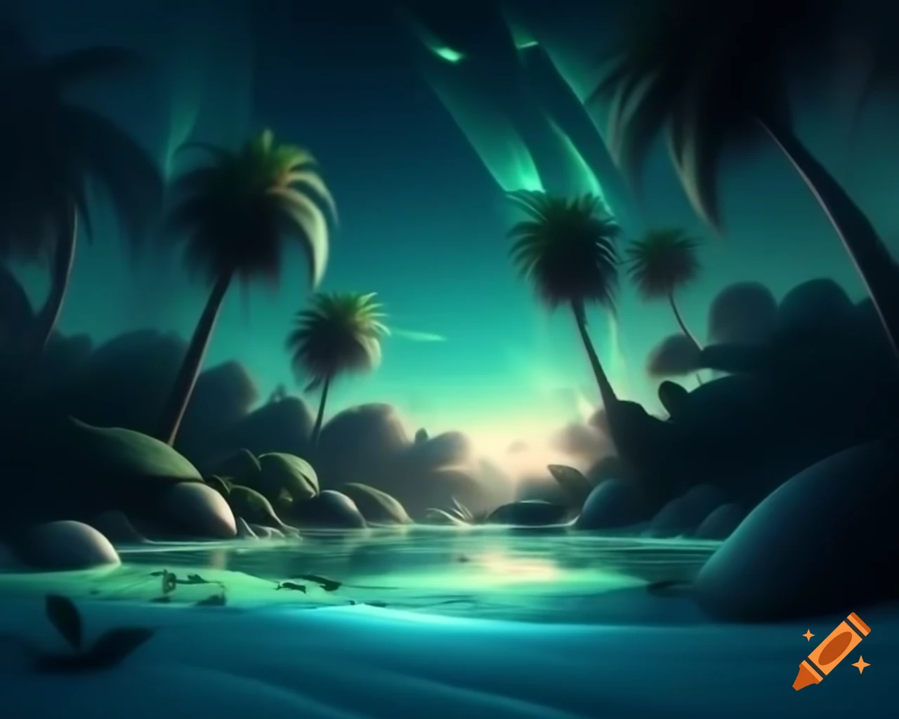 Surreal twilight scene with towering palm trees and cerulean sky