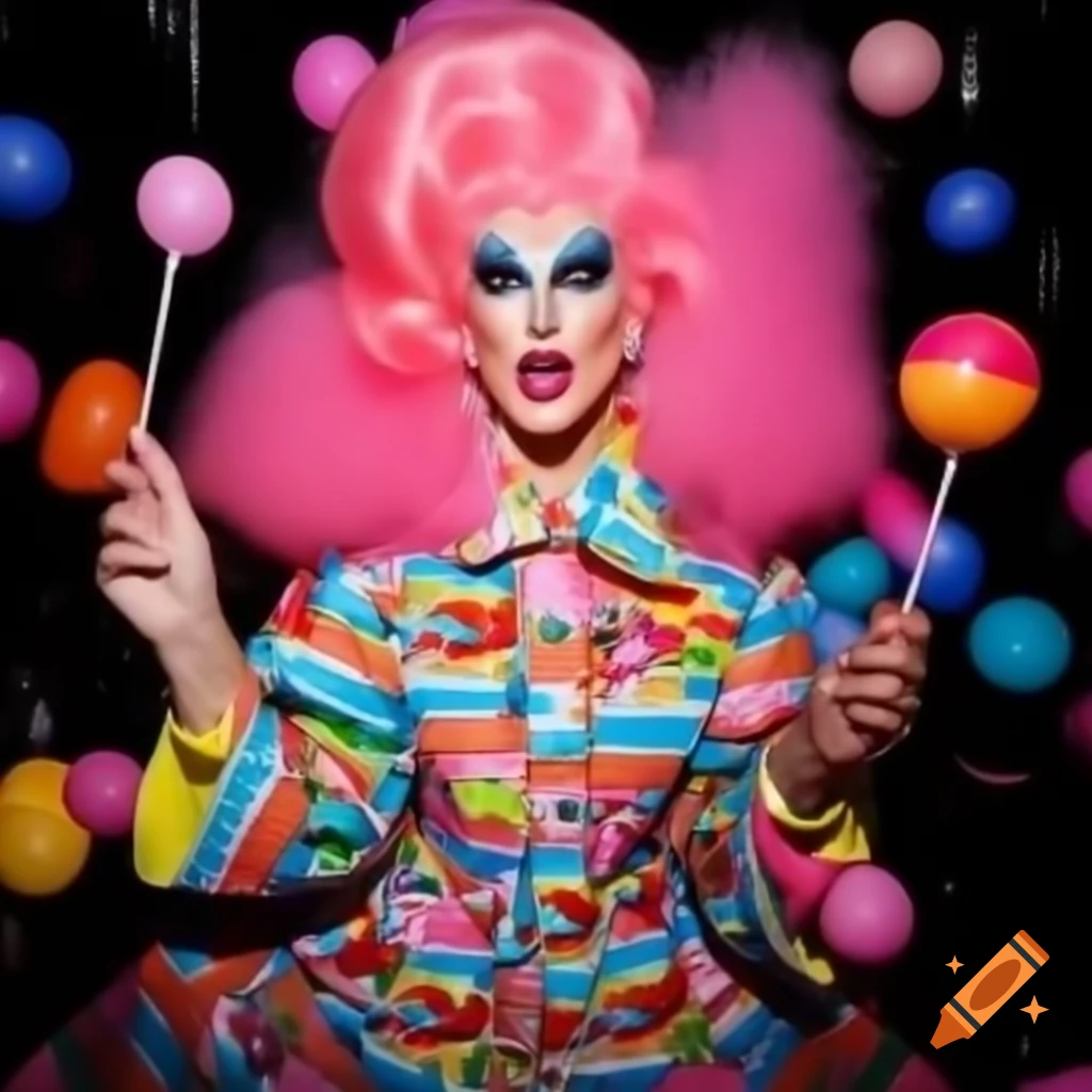 Colorful candy-themed drag ensemble with lollipops and bright motifs