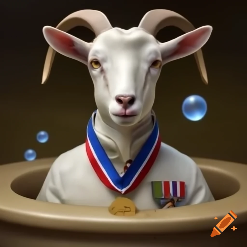 Goat wearing medal with "Greatest of All Time" logo in bubble font