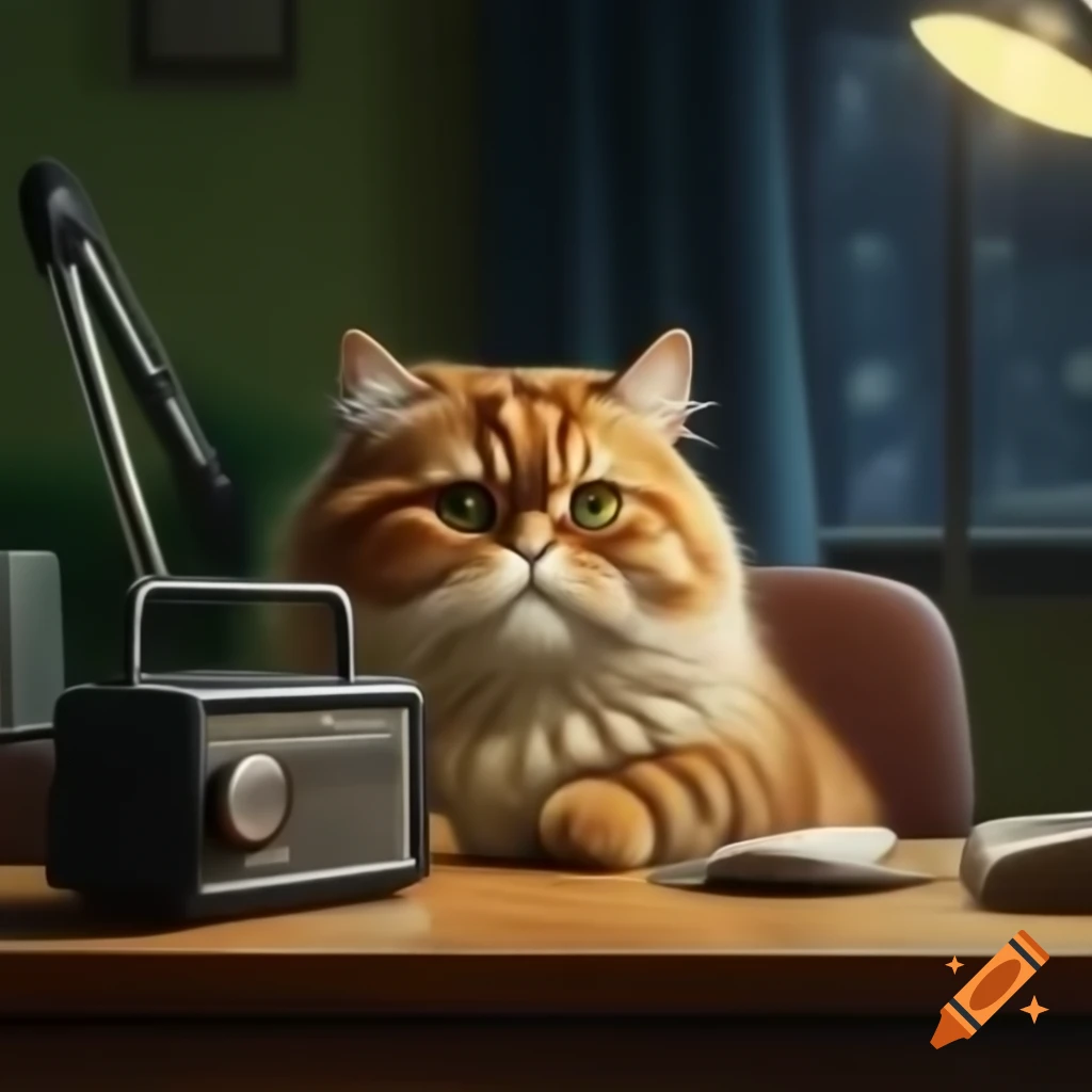 Torti cat beside radio in anime style