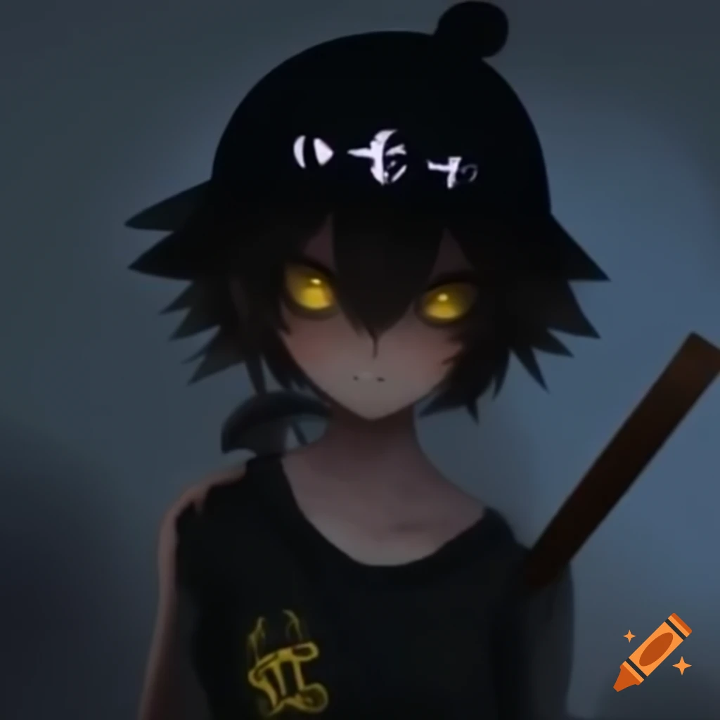 Older anime character Niko with a black headband and glowing gang symbol, rusty machete, bored expression