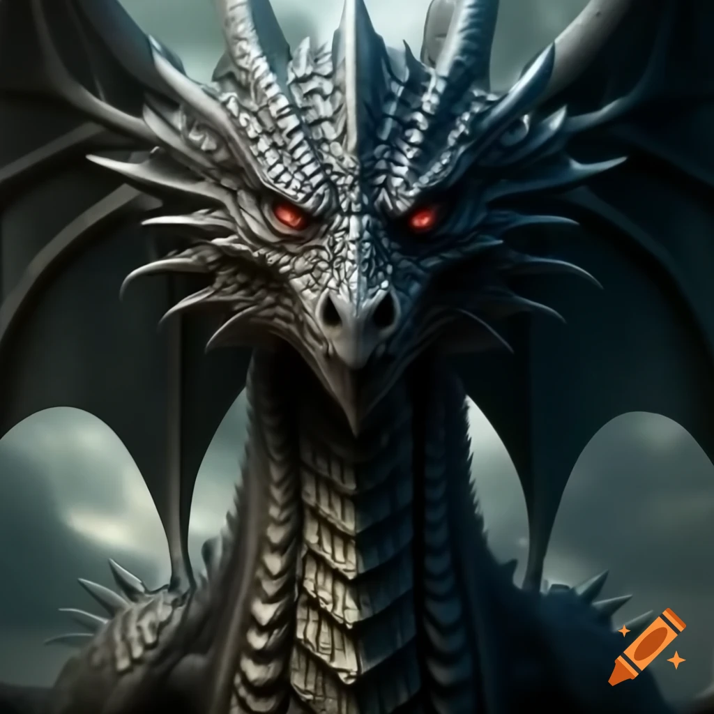 Giant female dragon queen with black scales and ruby eyes