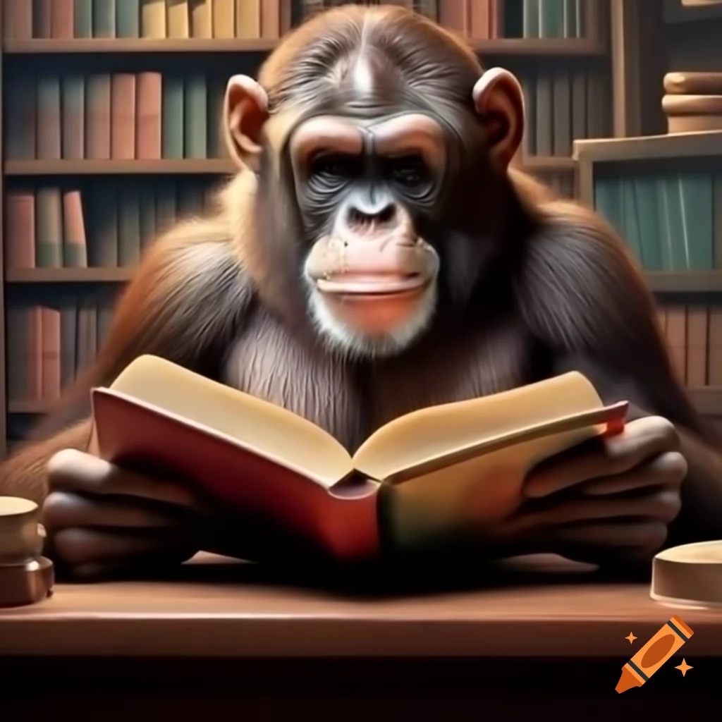 Brown ape in thinking position reading book in front of shelf filled with books