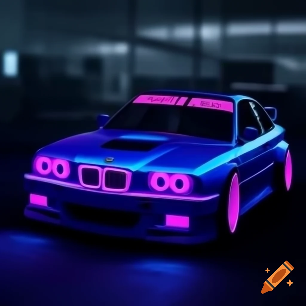 Cyberpunk reinterpretation of the classic BMW E36 with neon color palette