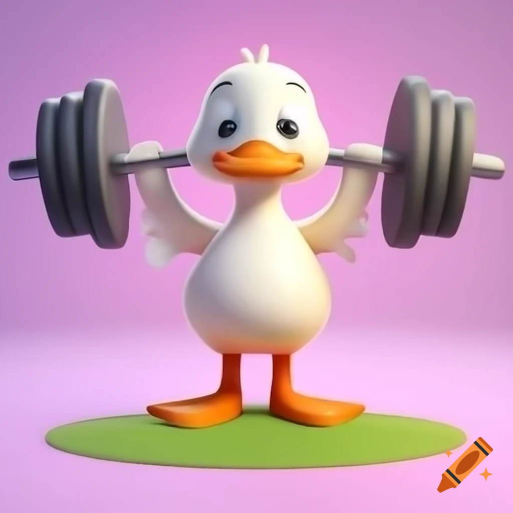 Cartoon duck struggling to lift barbell in weight room, showing exertion and determination